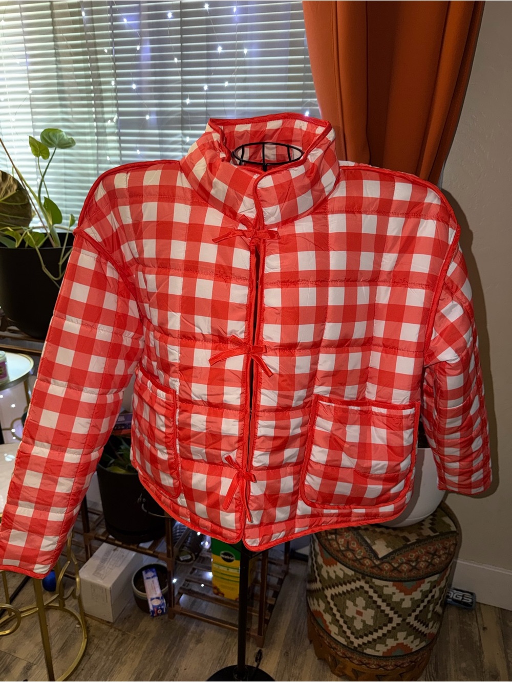 Fashion Nova Kids Red & White Gingham Puffer Jacket
